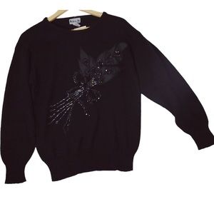 ✅ SALE 🖤 Vintage Black Leaf & Bow Sequin Pullover Jumper